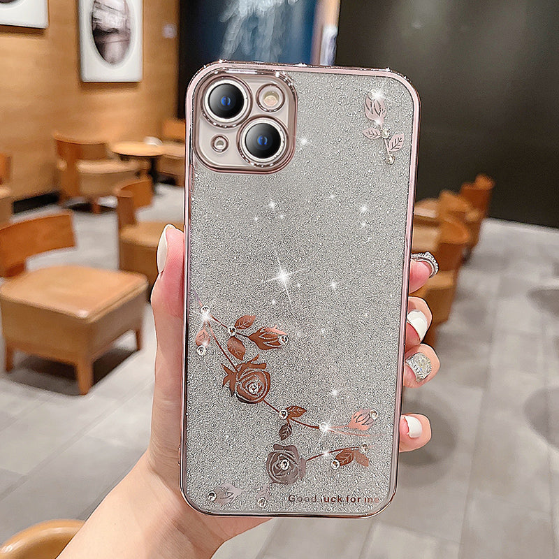 For iPhone 13 6.1 inch Flower Pattern Decor Rhinestone Electroplating Glitter Powder Drop-proof Mobile Phone Case Soft TPU Phone Cover For iPhone 13 6.1 inch Flower Pattern Decor Rhinestone Electroplating Glitter Powder Drop-proof Mobile Phone Case Soft TPU Phone Cover